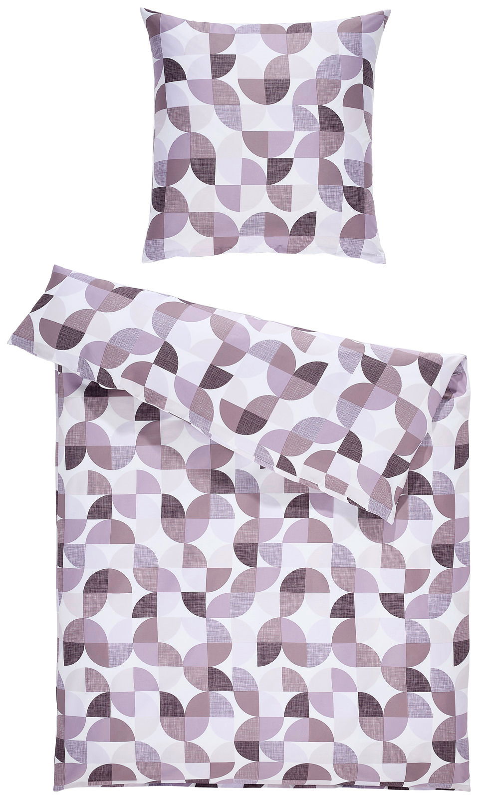 Bettwäsche-Set mit geometrischem Muster in Lila- und Weißtönen, bestehend aus einem Kissenbezug und einem Bettdeckenbezug, aus der Vogelperspektive fotografiert.