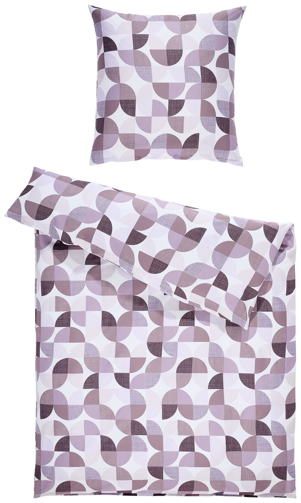 Bettwäsche-Set mit geometrischem Muster in Lila- und Weißtönen, bestehend aus einem Kissenbezug und einem Bettdeckenbezug, aus der Vogelperspektive fotografiert.