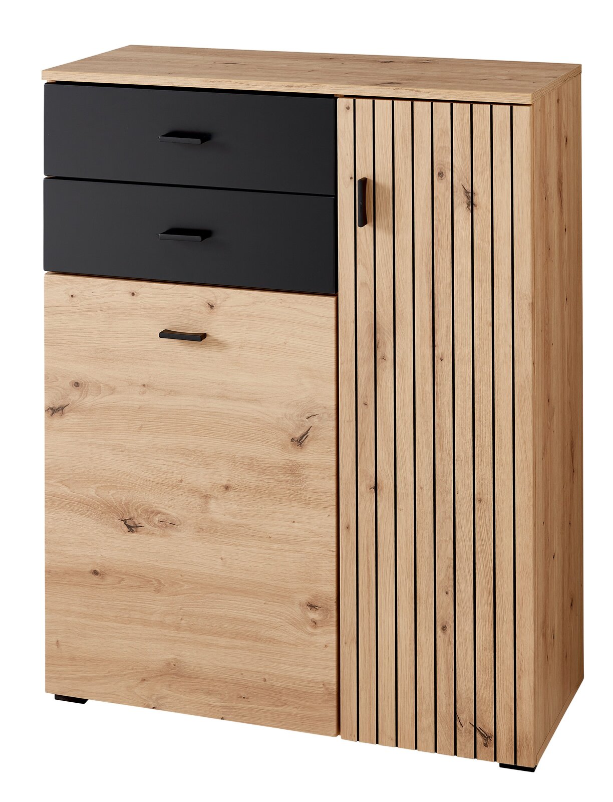 Voleo Schuhschrank BUFFALO Moderner Schuhschrank aus Holz mit zwei schwarzen Schubladen und einer Tür mit vertikalen Holzleisten, Frontalansicht.