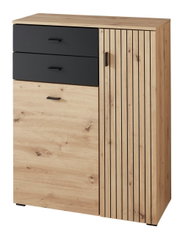 Moderner Schuhschrank aus Holz mit zwei schwarzen Schubladen und einer Tür mit vertikalen Holzleisten, Frontalansicht.