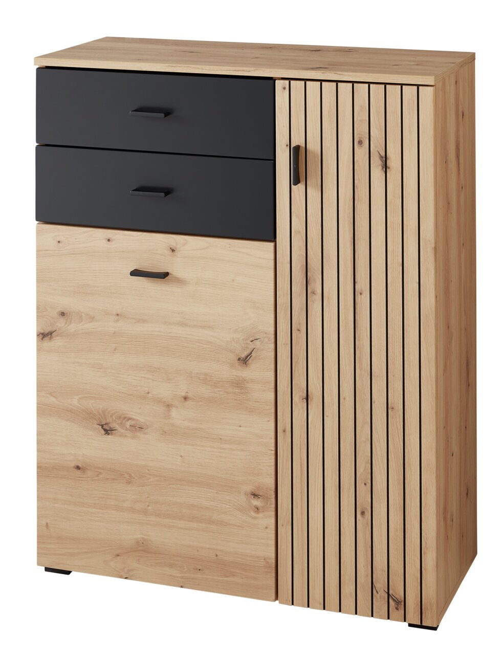 Voleo Schuhschrank BUFFALO Moderner Schuhschrank aus Holz mit zwei schwarzen Schubladen und einer Tür mit vertikalen Holzleisten, Frontalansicht.