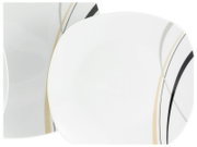 Weißer, quadratischer Teller mit abgerundeten Ecken und modernem Linien-Dekor in Schwarz, Grau und Beige, Draufsicht/Top-Down-Perspektive.