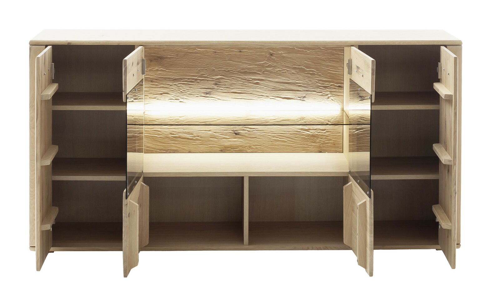 Frontale Ansicht eines Sideboards mit offenen Türen, Holzoptik und integrierter Beleuchtung.