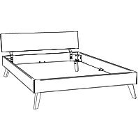 Bettgestell aus Holz mit schräger Perspektive von vorne, zeigt Kopfteil und Beine.