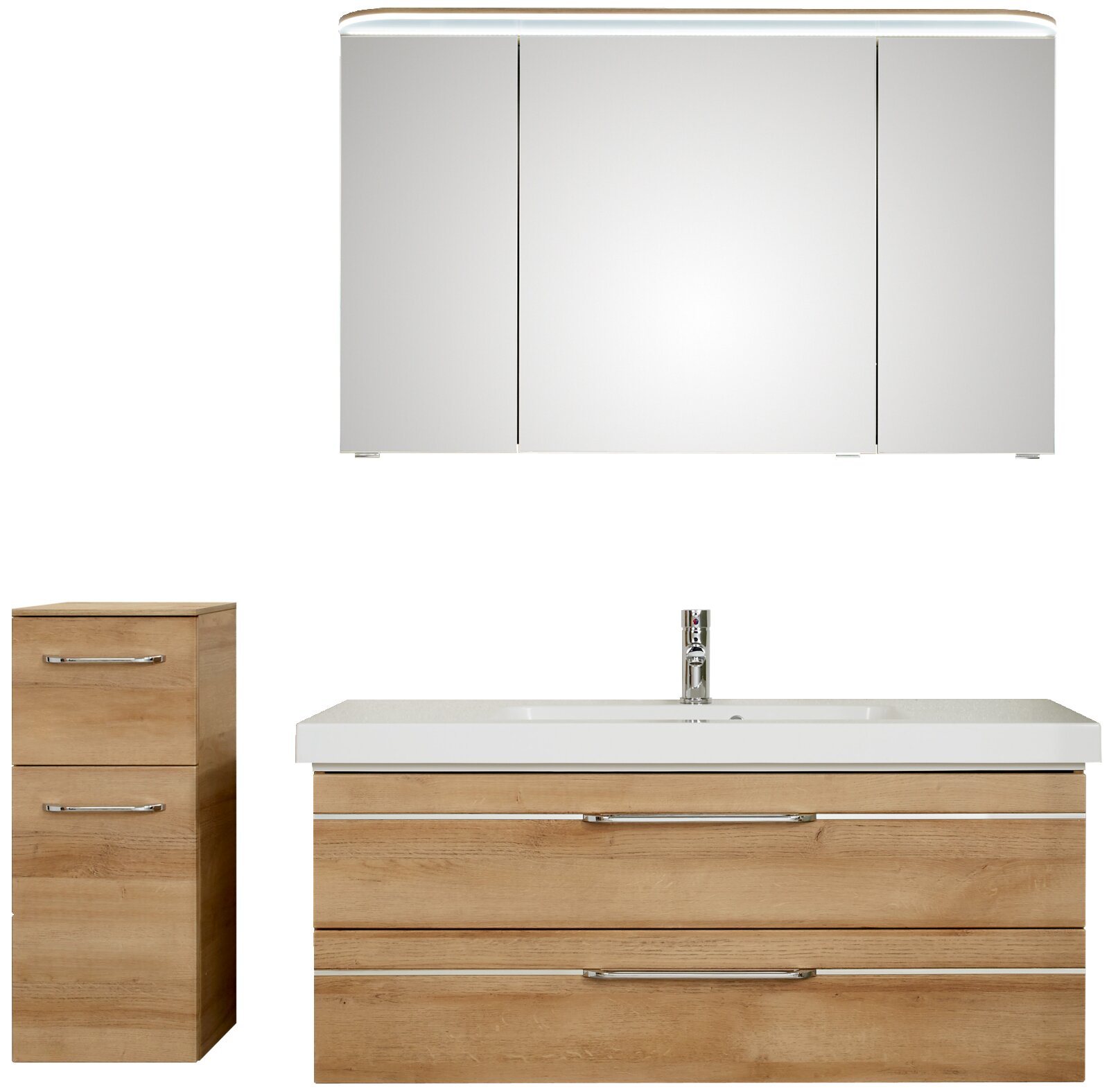 Pelipal Badblock BALTO SPRINT Badezimmermöbel-Set mit Spiegelschrank, Waschbeckenunterschrank und hohem Schrank in Holzoptik, Frontalansicht
