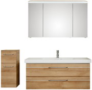 Badezimmermöbel-Set mit Spiegelschrank, Waschbeckenunterschrank und hohem Schrank in Holzoptik, Frontalansicht