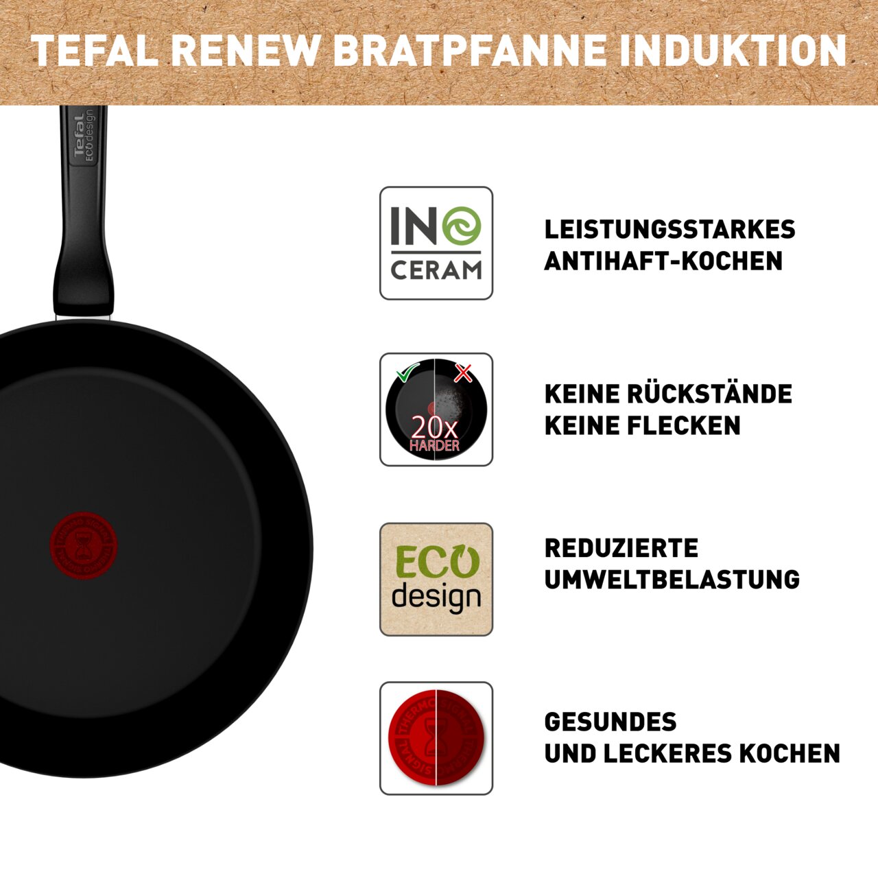 Keramik-Pfanne mit 24 cm Durchmesser, von oben betrachtet, mit leistungsstarker Antihaftbeschichtung, umweltfreundlichem Design und Thermo-Signal für gesundes Kochen.