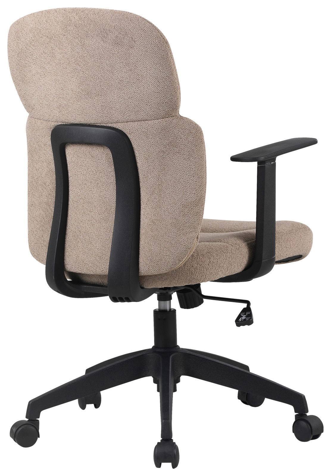 Rückansicht eines beigen Drehstuhls mit schwarzen Armlehnen und Rollen, Modell Modante Drehstuhl MAGNUS.