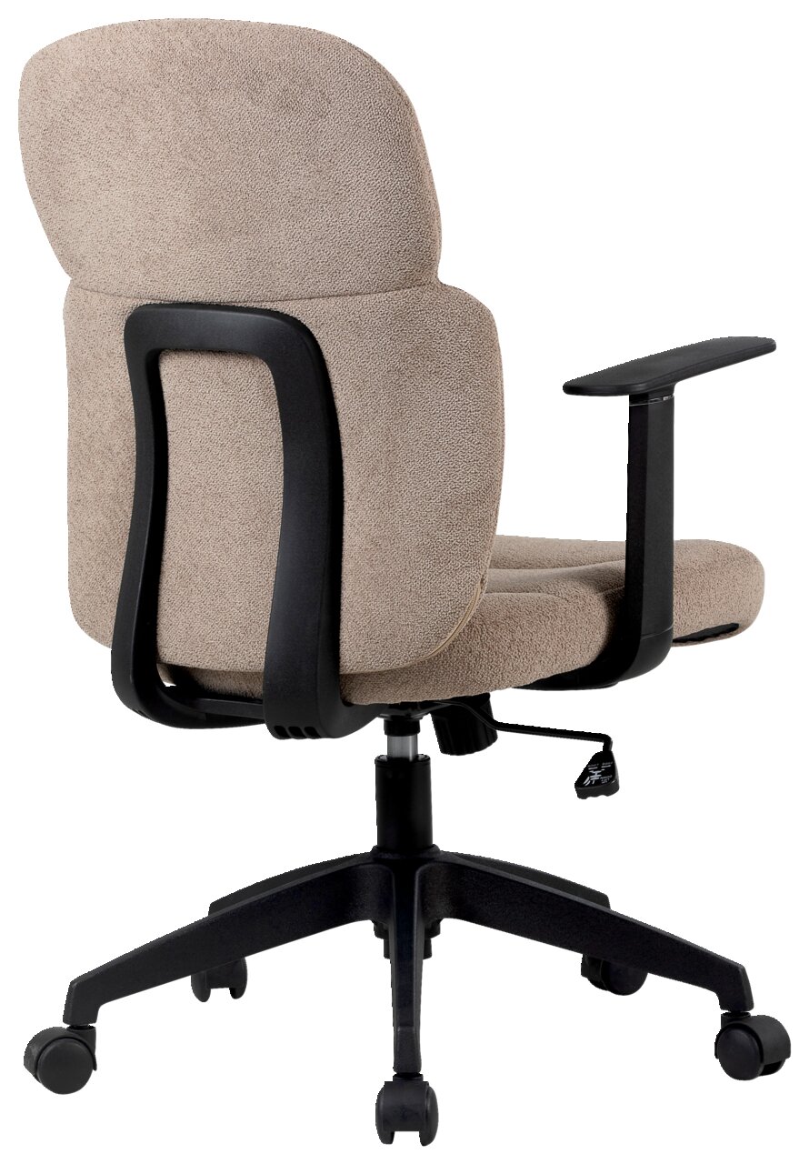 Rückansicht eines beigen Drehstuhls mit schwarzen Armlehnen und Rollen, Modell Modante Drehstuhl MAGNUS.