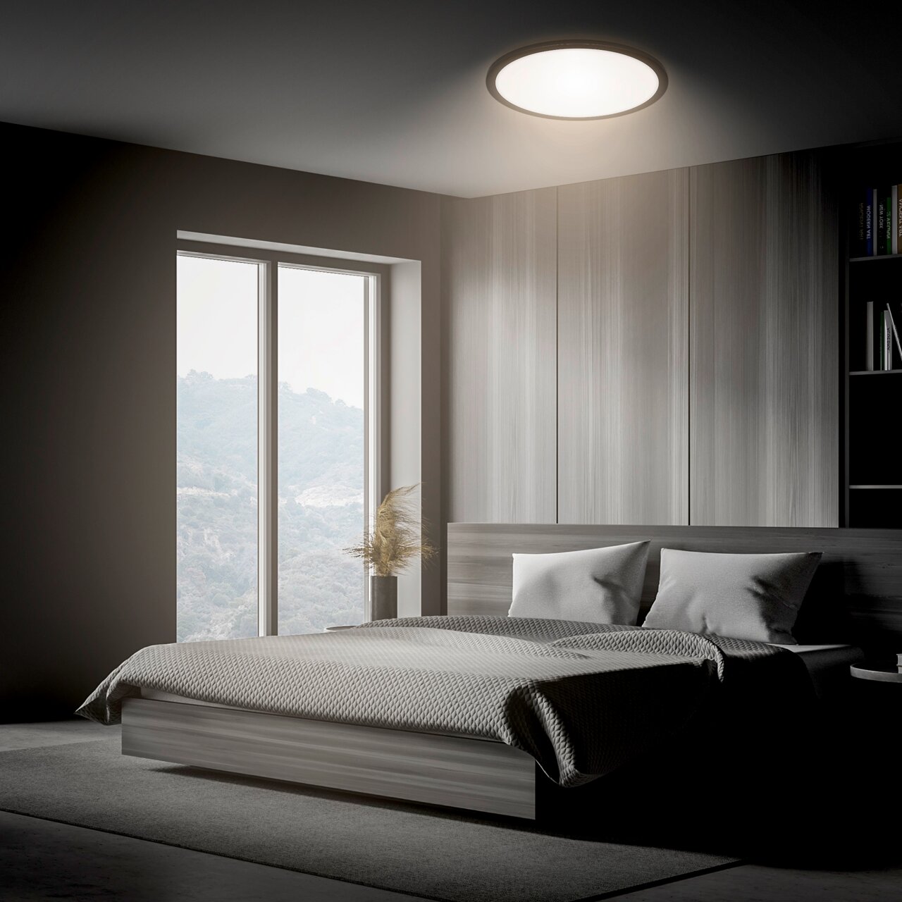 Briloner LED-Deckenleuchte PIATTO Moderne LED-Deckenleuchte in einem stilvollen Schlafzimmer, von unten betrachtet.