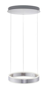 Moderne Pendelleuchte in silberner Ringform, von unten betrachtet