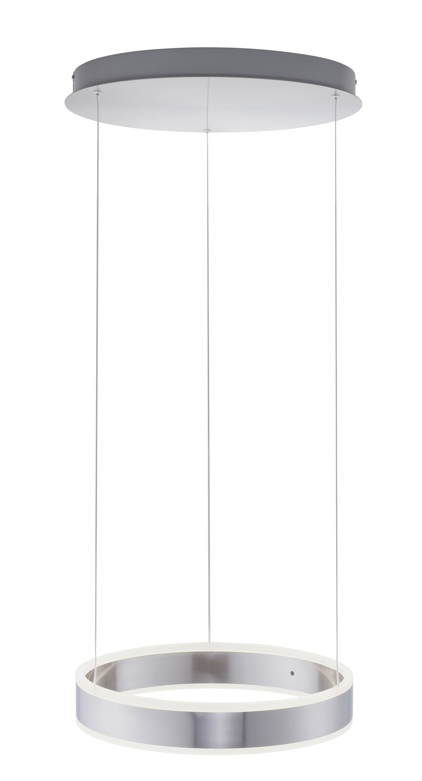 Moderne Pendelleuchte in silberner Ringform, von unten betrachtet