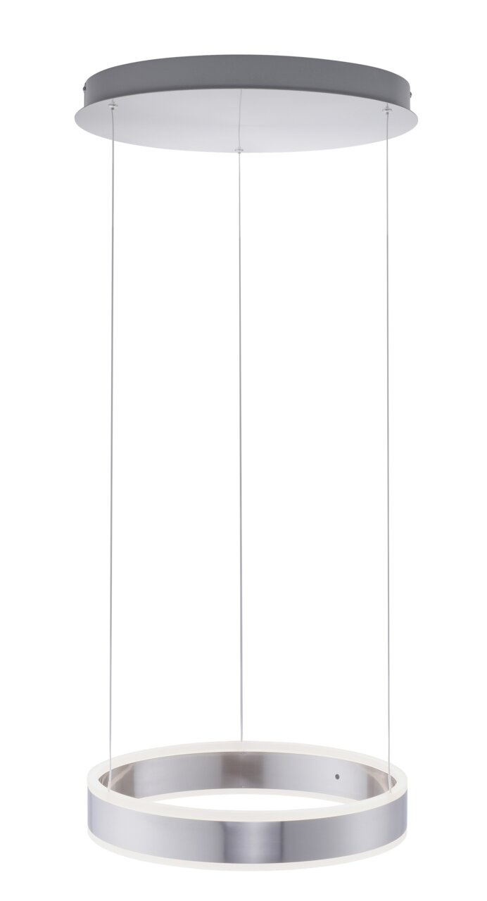 Moderne Pendelleuchte in silberner Ringform, von unten betrachtet