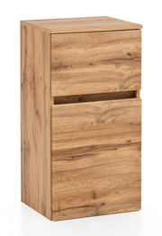 Moderner Unterschrank aus Holz mit zwei Schubladen, in einer schrägen Perspektive fotografiert.