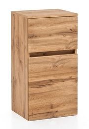 Moderner Unterschrank aus Holz mit zwei Schubladen, in einer schrägen Perspektive fotografiert.