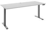 Moderner höhenverstellbarer E-Schreibtisch in seitlicher Perspektive mit grauem Gestell und weißer Tischplatte.