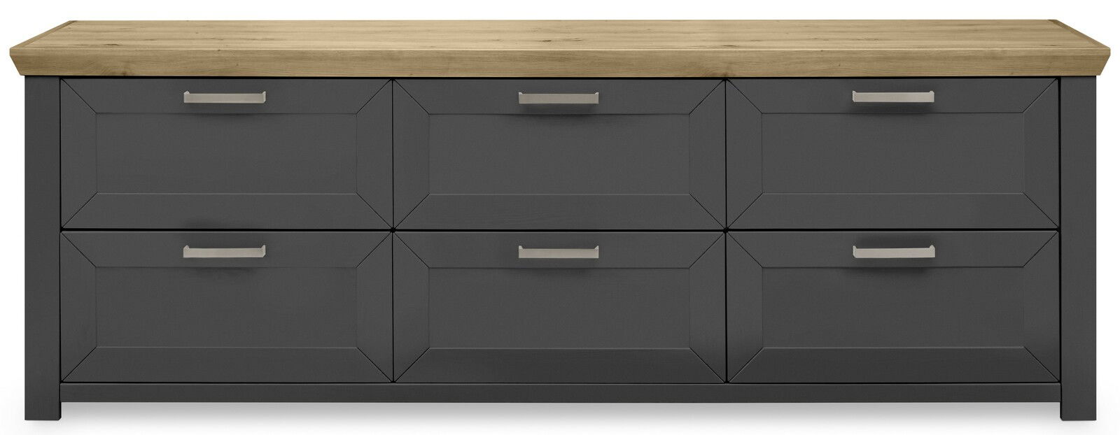 Frontansicht eines modernen Sideboards mit sechs Schubladen, grauer Korpus und Holzplatte.