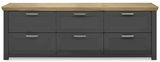 Frontansicht eines modernen Sideboards mit sechs Schubladen, grauer Korpus und Holzplatte.