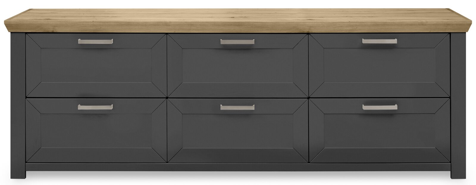 Frontansicht eines modernen Sideboards mit sechs Schubladen, grauer Korpus und Holzplatte.