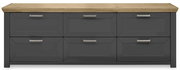 Frontansicht eines modernen Sideboards mit sechs Schubladen, grauer Korpus und Holzplatte.