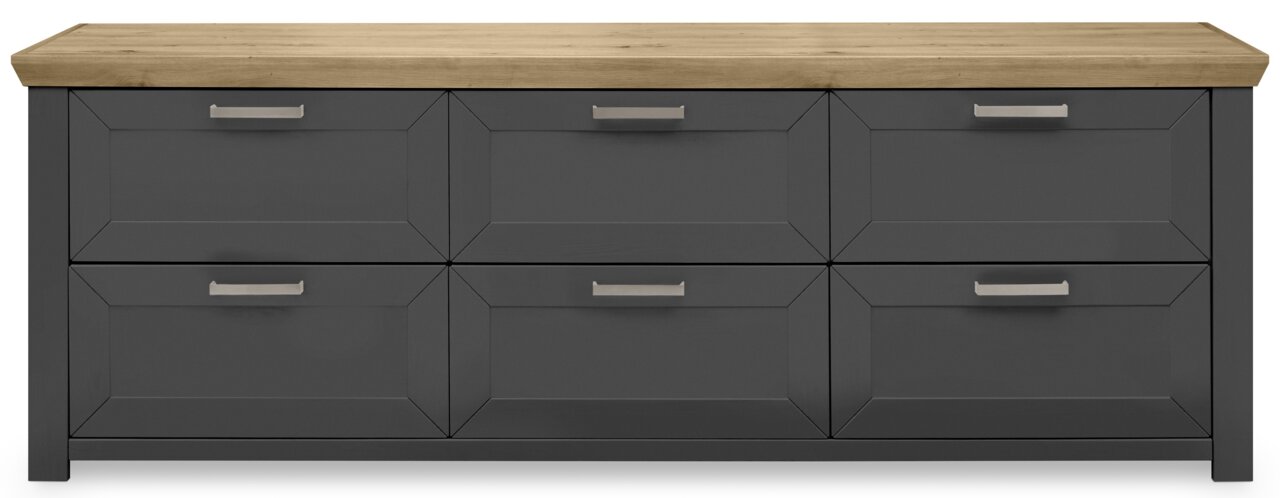 Frontansicht eines modernen Sideboards mit sechs Schubladen, grauer Korpus und Holzplatte.