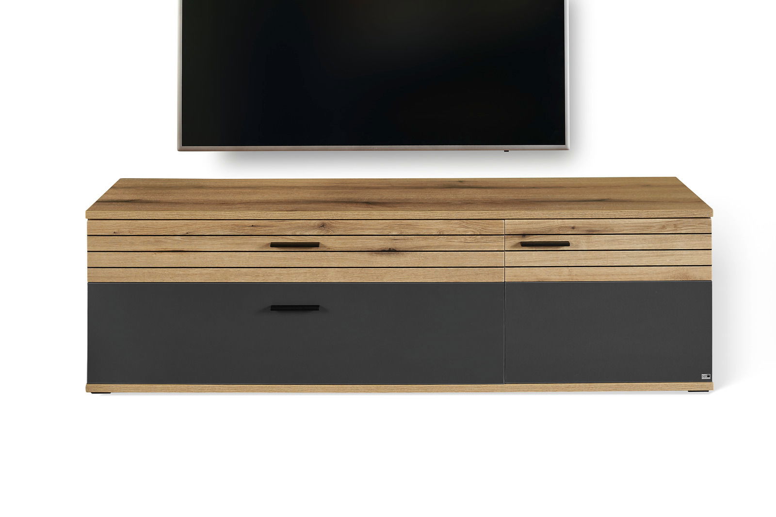 Frontansicht eines modernen TV-Lowboards aus Holz mit dunklen Schubladen und Türen.