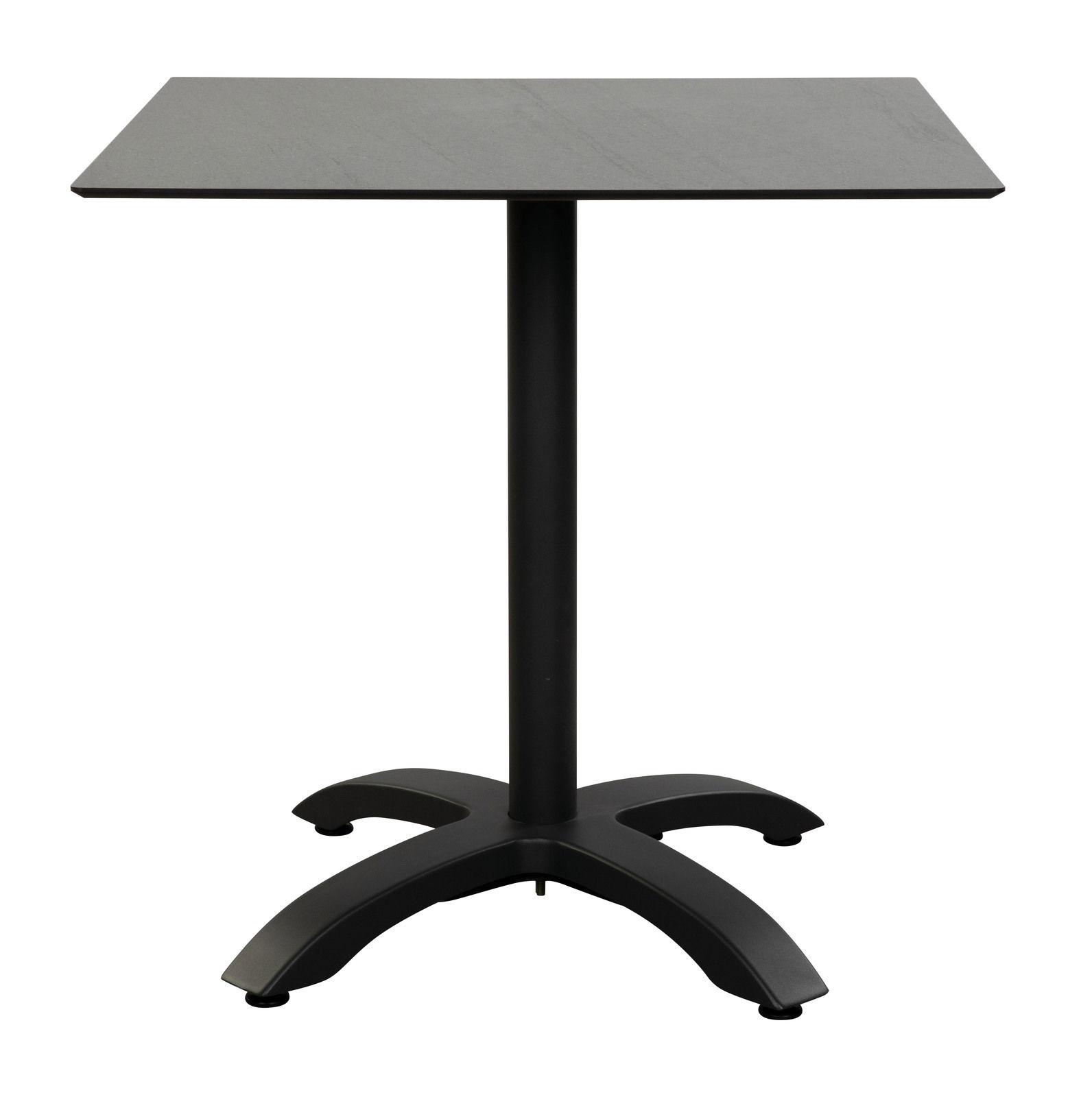 Moderner Gartentisch mit quadratischer Tischplatte und stabilem Mittelfuß, Frontalansicht.