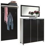Garderoben-Set 3-tlg. in modernem Design mit schwarzem Hochglanz-Finish, bestehend aus einem Wandpaneel mit Haken und Ablage, einem Spiegel und einem Schuhschrank. Frontalansicht.