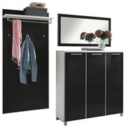 Garderoben-Set 3-tlg. in modernem Design mit schwarzem Hochglanz-Finish, bestehend aus einem Wandpaneel mit Haken und Ablage, einem Spiegel und einem Schuhschrank. Frontalansicht.