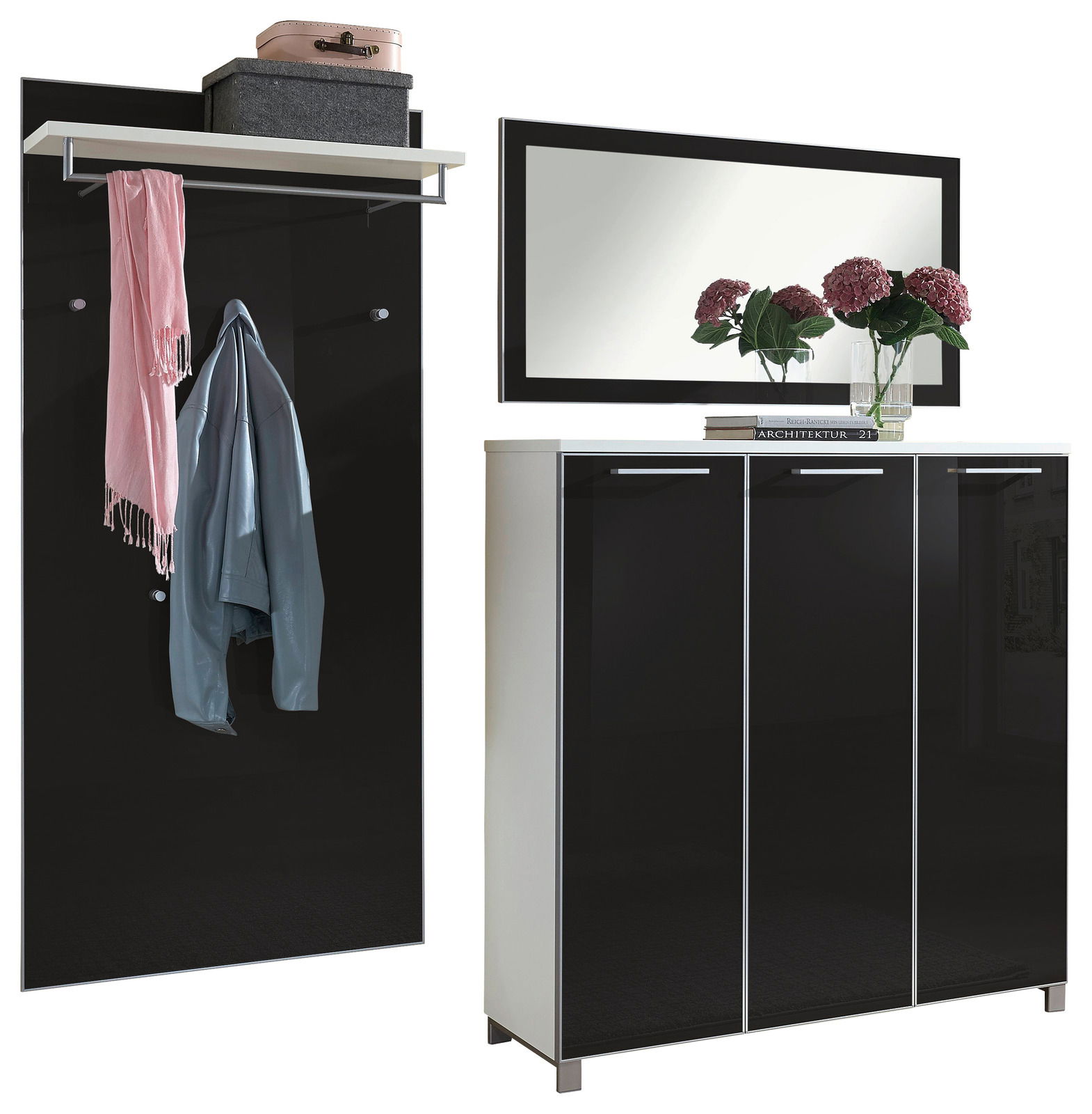 Garderoben-Set 3-tlg. in modernem Design mit schwarzem Hochglanz-Finish, bestehend aus einem Wandpaneel mit Haken und Ablage, einem Spiegel und einem Schuhschrank. Frontalansicht.