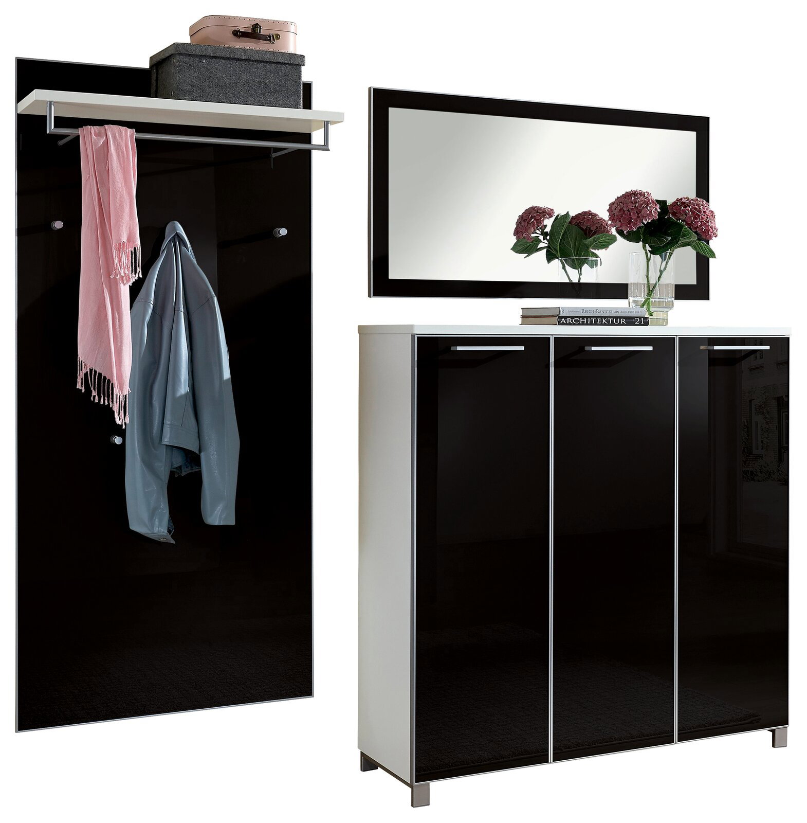 VOSS Garderoben-Set 3-tlg. SANTINA Garderoben-Set 3-tlg. in modernem Design mit schwarzem Hochglanz-Finish, bestehend aus einem Wandpaneel mit Haken und Ablage, einem Spiegel und einem Schuhschrank. Frontalansicht.
