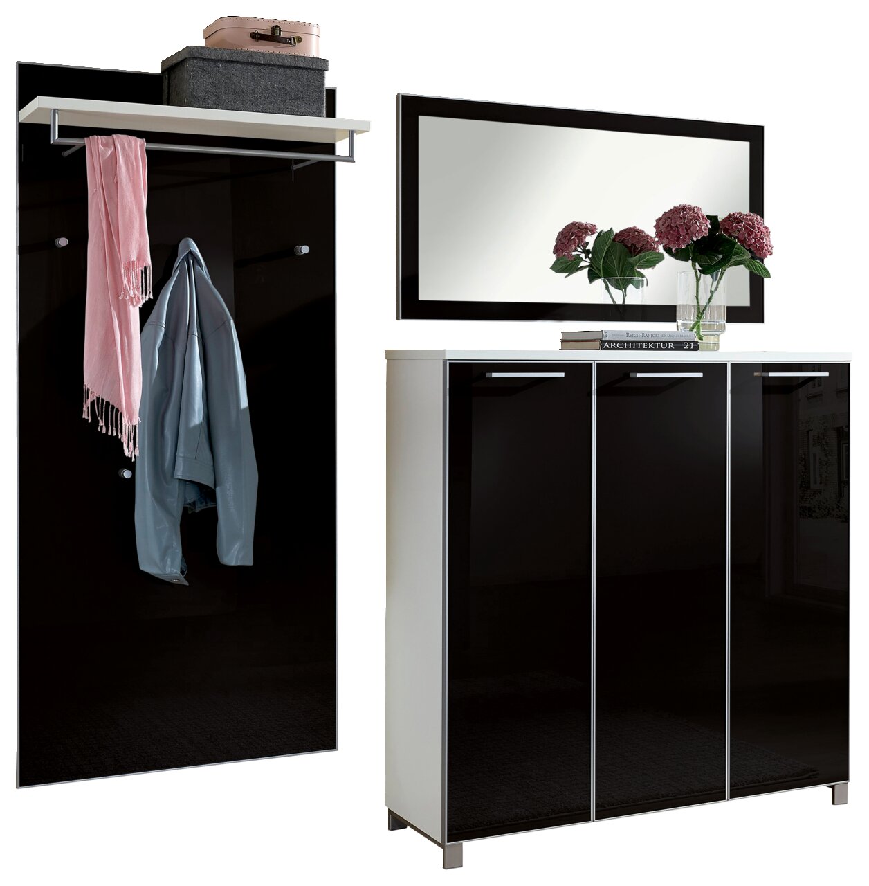 Garderoben-Set 3-tlg. in modernem Design mit schwarzem Hochglanz-Finish, bestehend aus einem Wandpaneel mit Haken und Ablage, einem Spiegel und einem Schuhschrank. Frontalansicht.
