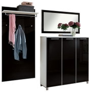 Garderoben-Set 3-tlg. in modernem Design mit schwarzem Hochglanz-Finish, bestehend aus einem Wandpaneel mit Haken und Ablage, einem Spiegel und einem Schuhschrank. Frontalansicht.