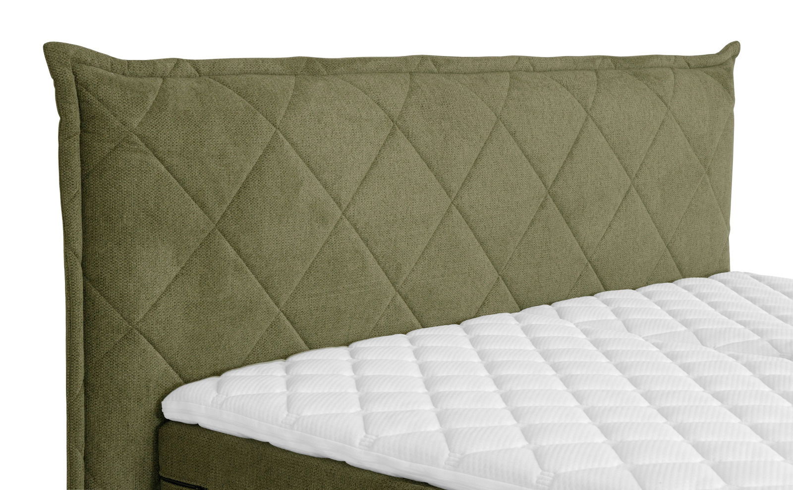 Grünes Boxspringbett mit gestepptem Kopfteil, seitliche Perspektive