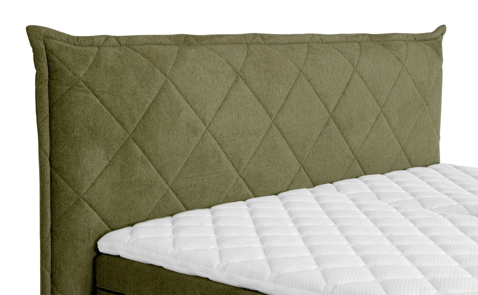 Grünes Boxspringbett mit gestepptem Kopfteil, seitliche Perspektive