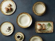 Vogelperspektive auf ein 12-teiliges Tellerset 'Shade Earth' mit erdigen Farbtönen, dekoriert mit Pilzen und Gewürzen.