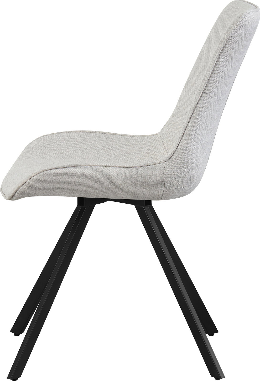 Gepolsterter Esszimmerstuhl in hellgrauem Stoffbezug mit schwarzem Metallgestell, Seitenansicht (Profil) vor weißem Hintergrund