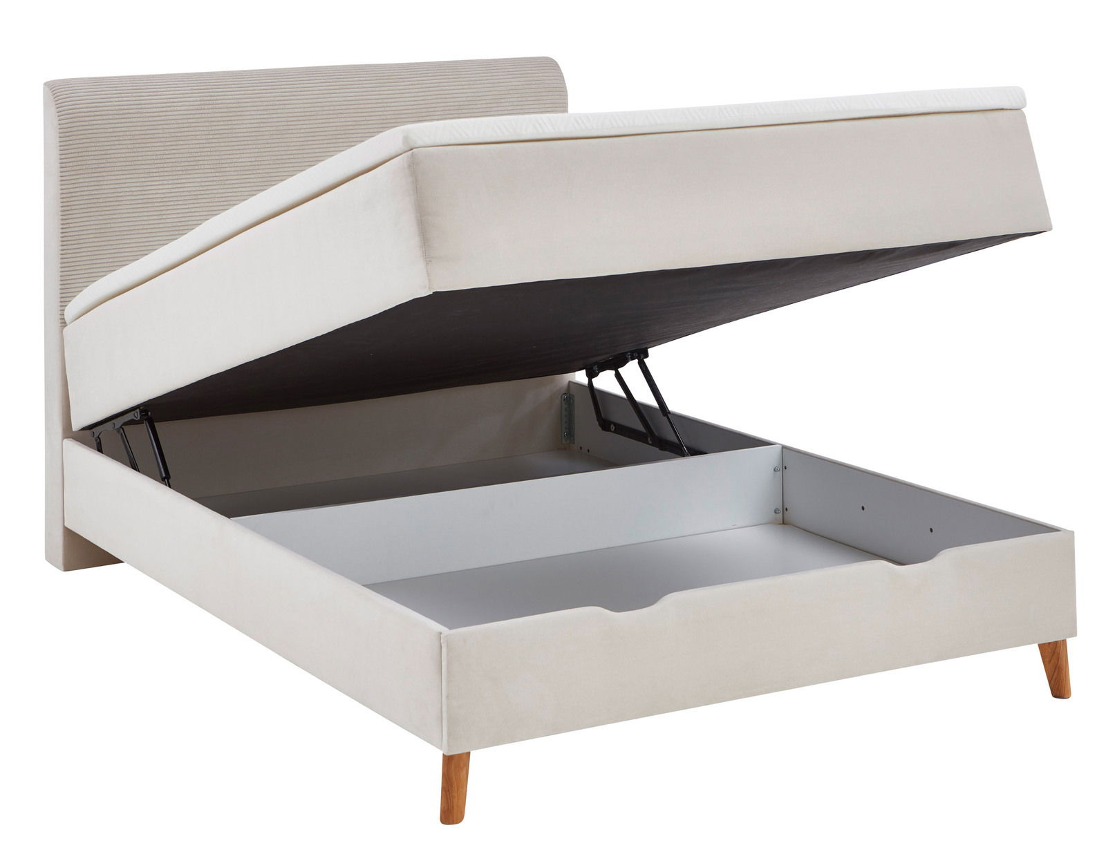 Boxspringbett mit hochgeklappter Matratze und Stauraum, seitliche Perspektive