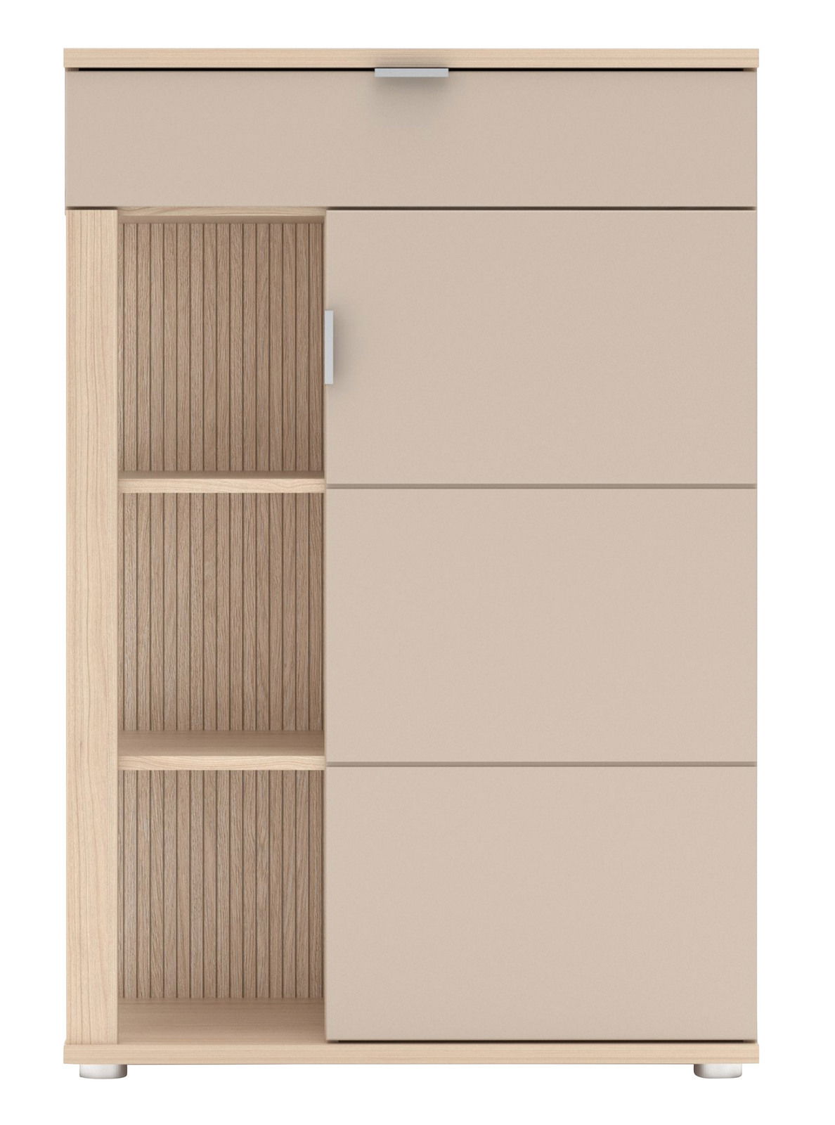 Moderner Schuhschrank in Holzoptik mit offenen Regalfächern und Schubladen, Frontalansicht