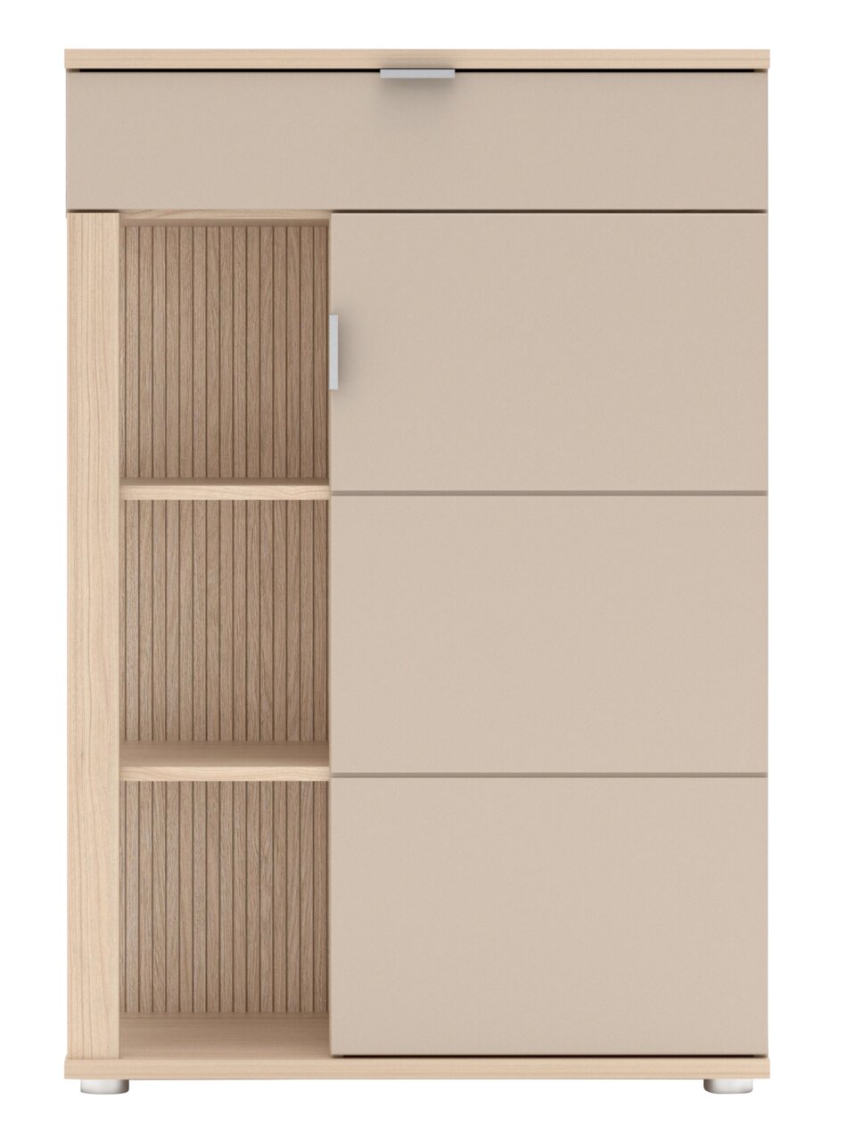 Moderne schoenenkast in houtlook met open vakken en lades, vooraanzicht