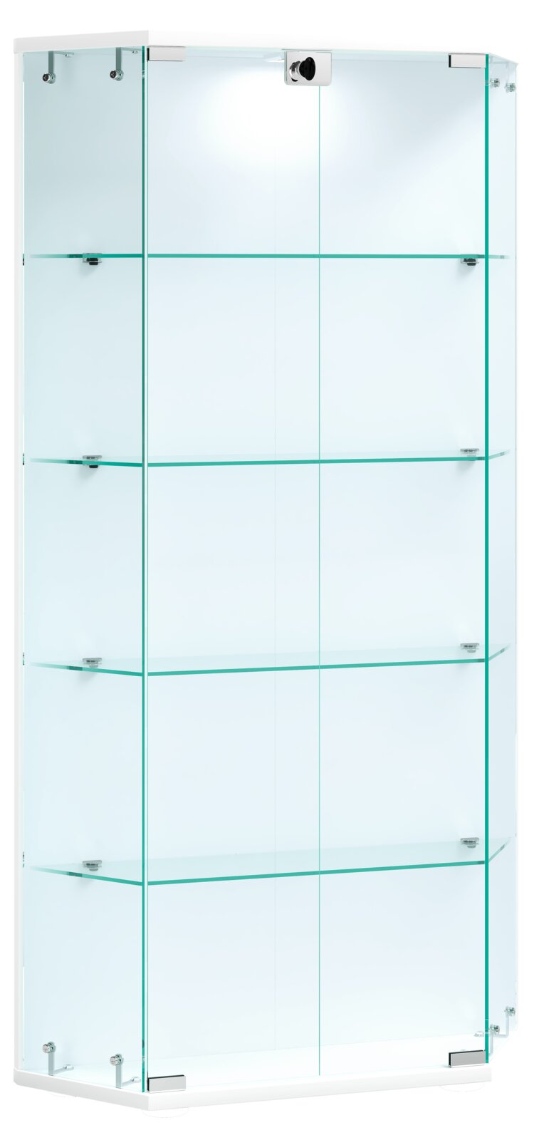 Transparente Glasvitrine mit Glastür, vier Glasböden und silberfarbenen Beschlägen, freistehend vor weißem Hintergrund; Perspektive: frontale Ansicht leicht von links.
