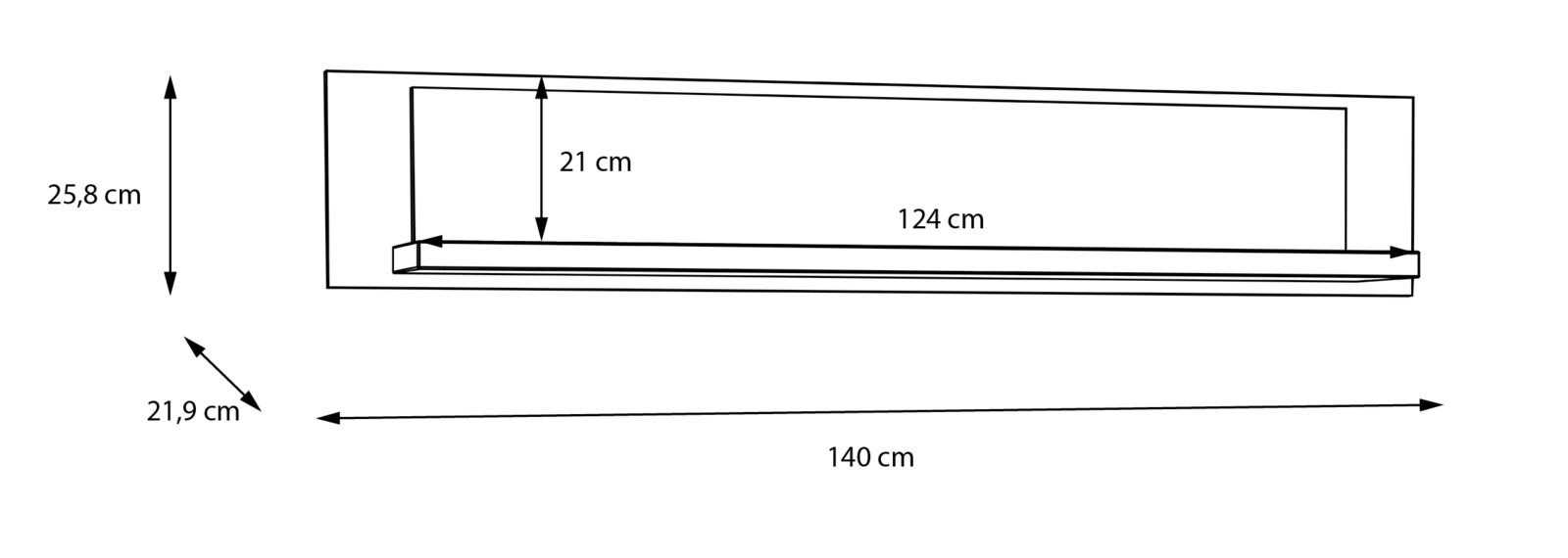 Seitenansicht eines Wandboards mit den Maßen: 140 cm Breite, 25,8 cm Höhe, 21,9 cm Tiefe und 124 cm Innenbreite.