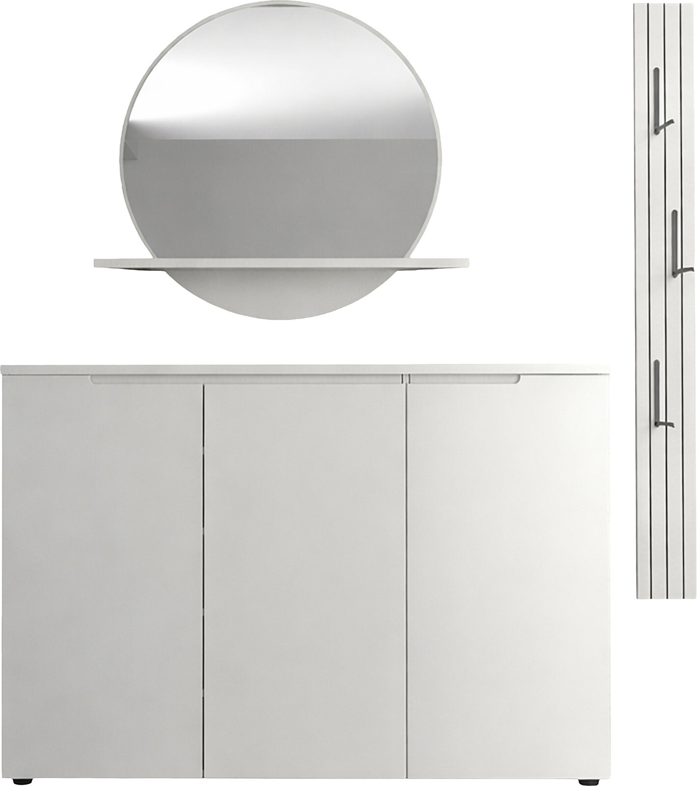 Weißes, minimalistisches Sideboard mit drei Türen und runder Spiegelablage darüber, frontal aus der Vorderansicht auf weißem Hintergrund; rechts eine schmale Detailansicht der Türgriffe.