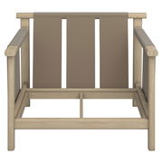 Frontansicht eines Loungesessels mit Holzrahmen und brauner Stoffbespannung.