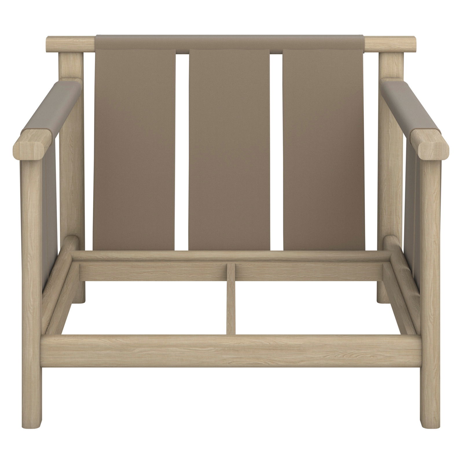Frontansicht eines Loungesessels mit Holzrahmen und brauner Stoffbespannung.
