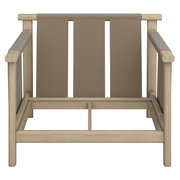 Frontansicht eines Loungesessels mit Holzrahmen und brauner Stoffbespannung.