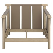 Vooraanzicht van een loungestoel met houten frame en bruine stoffen bekleding.