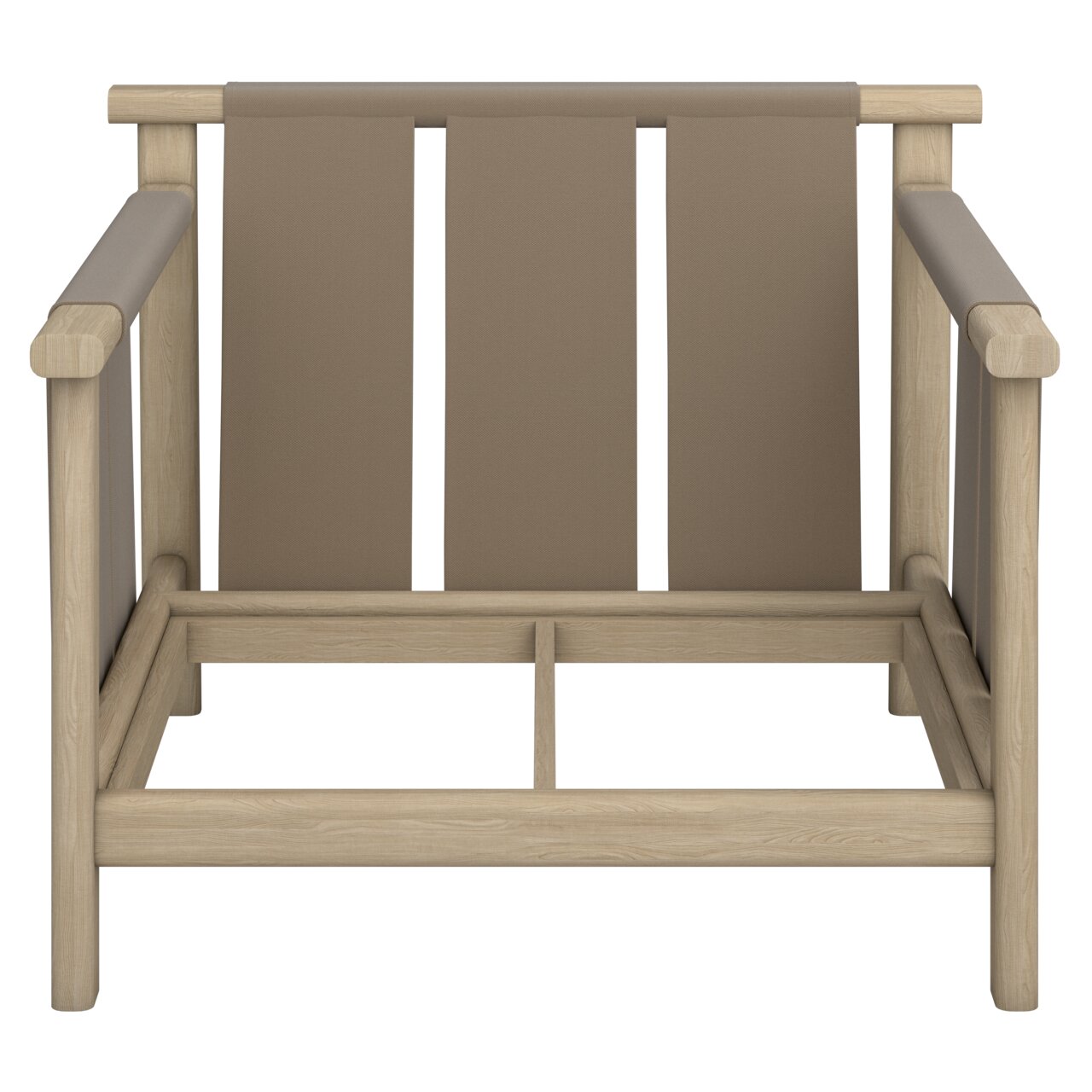 Vooraanzicht van een loungestoel met houten frame en bruine stoffen bekleding.