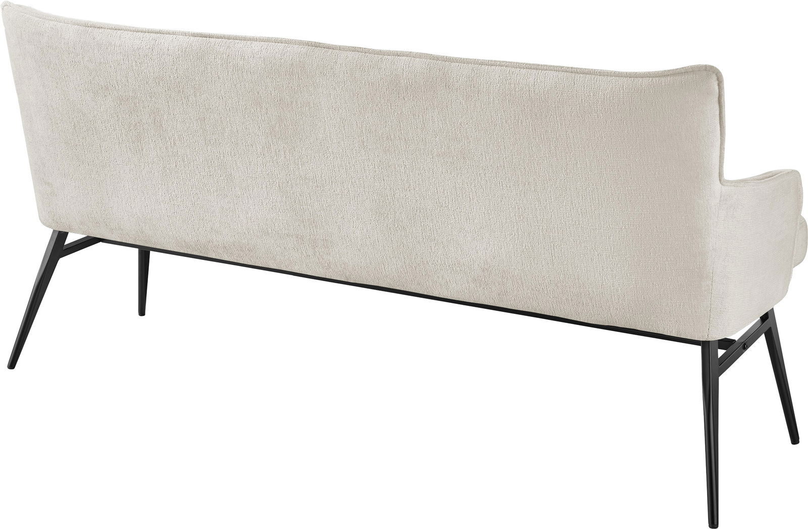 Rückansicht einer modernen, cremefarbenen Bank mit schwarzen Metallbeinen.