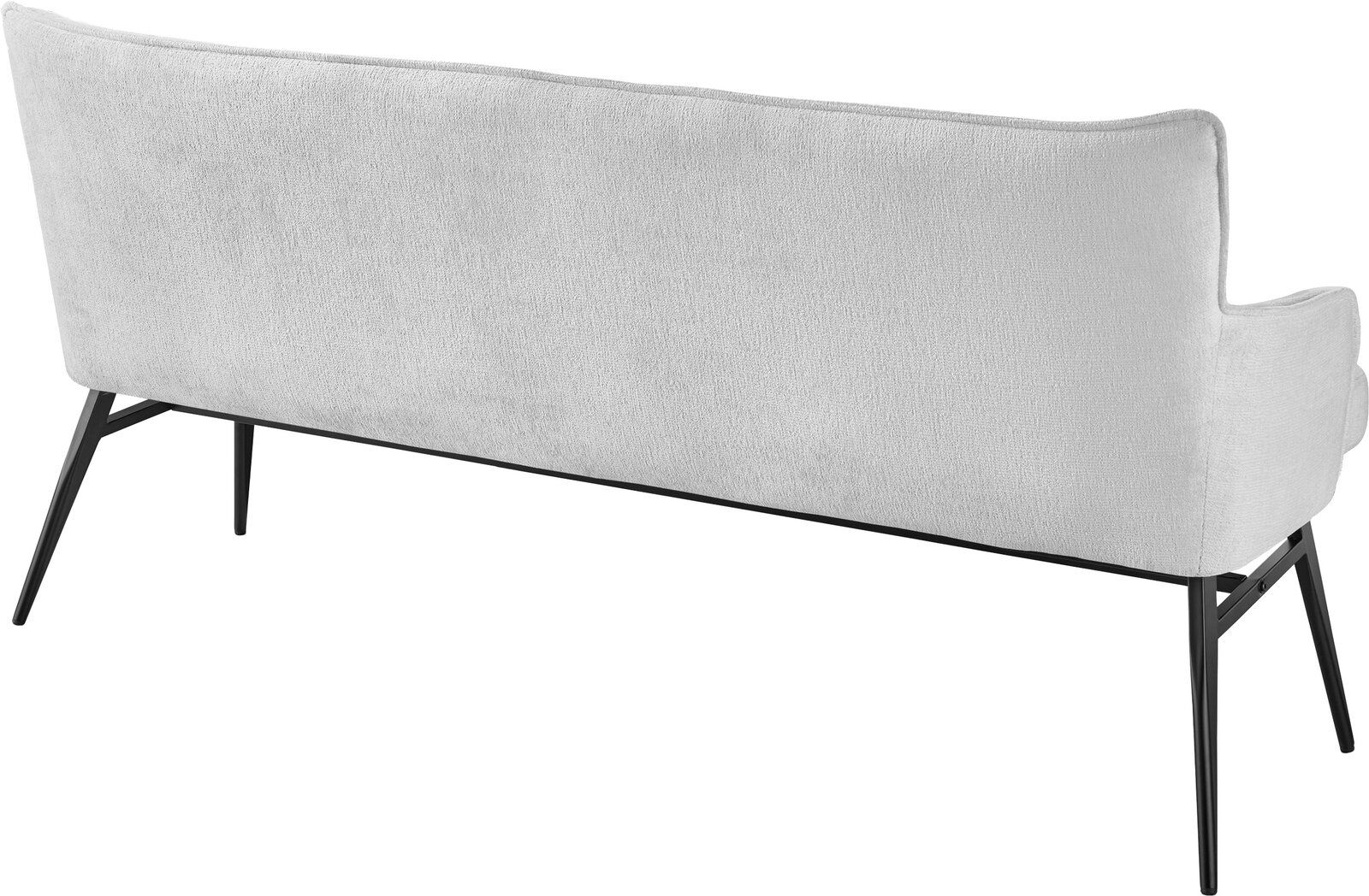 Rückansicht einer modernen, cremefarbenen Bank mit schwarzen Metallbeinen.